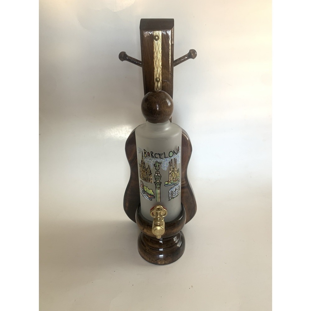 Vintage Barcelona Wood Spout Bottle Bar Brass Trim Pour Art Decor Souvenir Gift